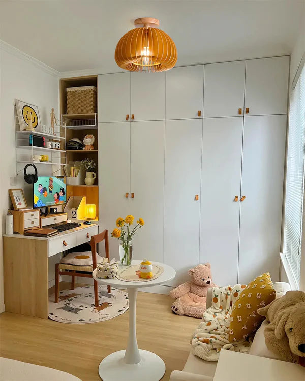 Plafondlamp Scandinavisch met Houten Lattenwerk en Koepelvorm