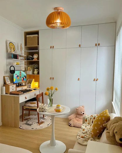 Plafondlamp Scandinavisch met Houten Lattenwerk en Koepelvorm