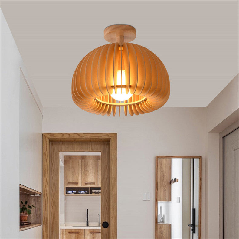 Plafondlamp Scandinavisch met Houten Lattenwerk en Koepelvorm