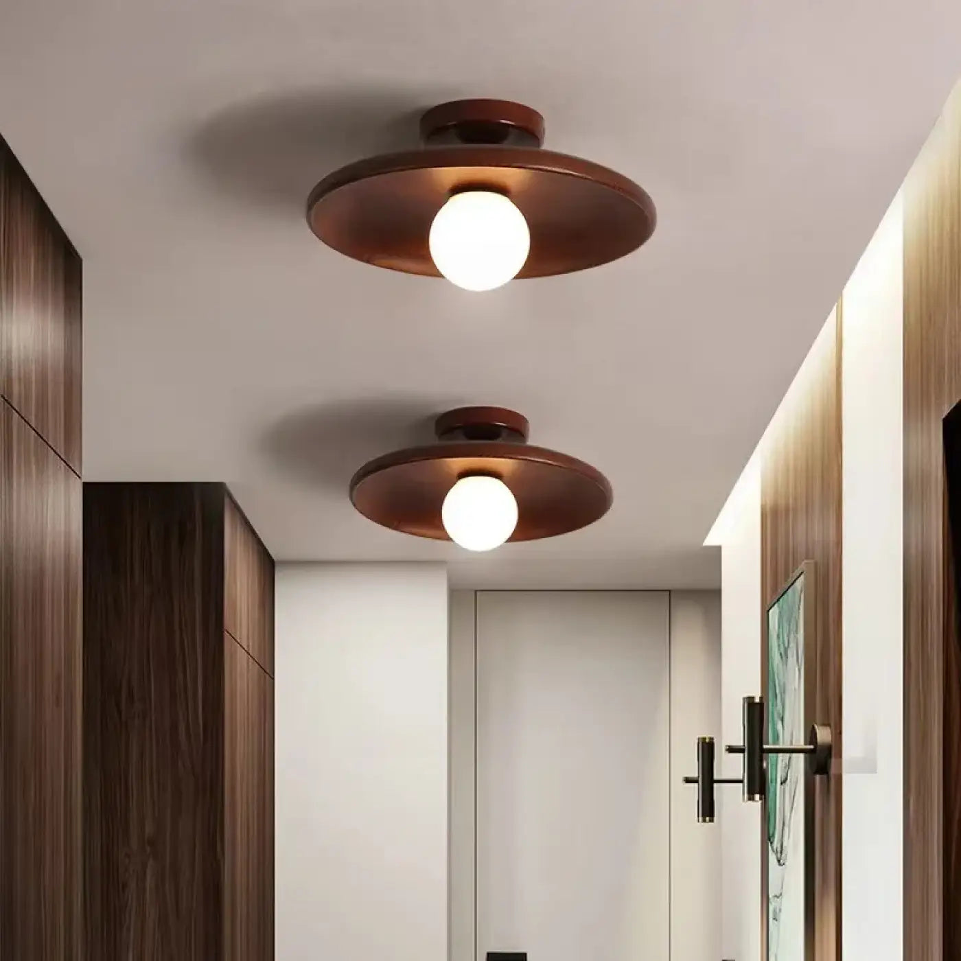 Plafondlamp Scandinavisch met Ronde Houten Kap en Glazen Bol