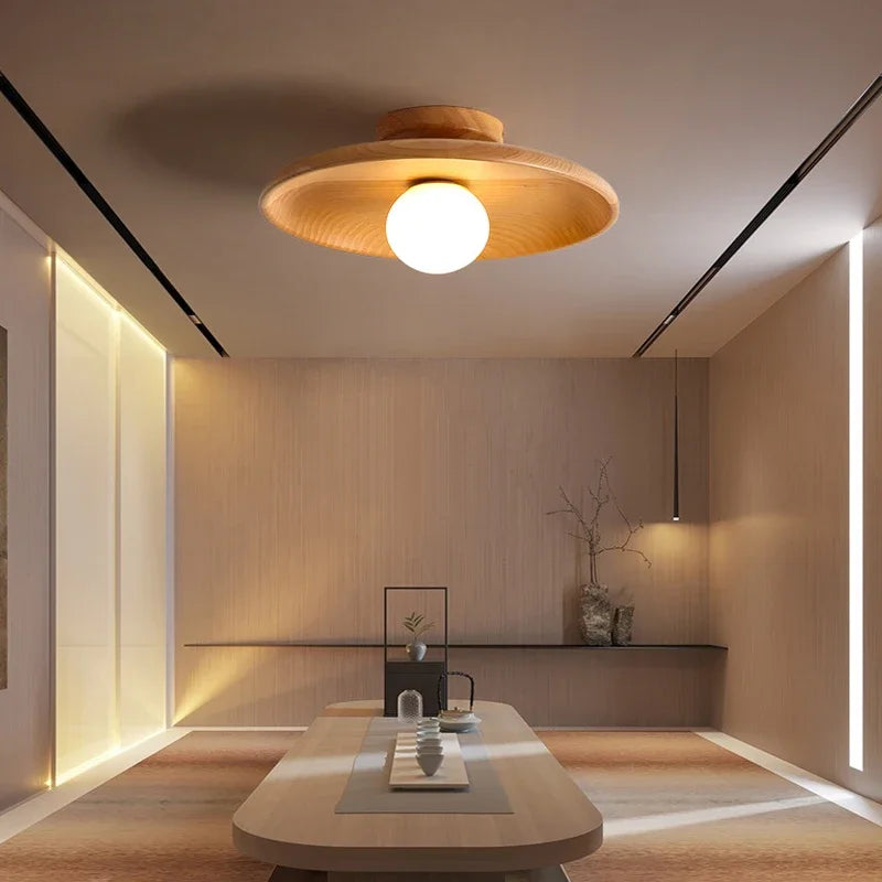 Plafondlamp Scandinavisch met Ronde Houten Kap en LED Lichtbron