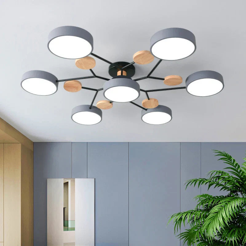 Plafondlamp Scandinavisch met Ronde LED Kappen en Houten Accenten