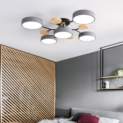 Plafondlamp Scandinavisch met Ronde LED Kappen en Houten Accenten