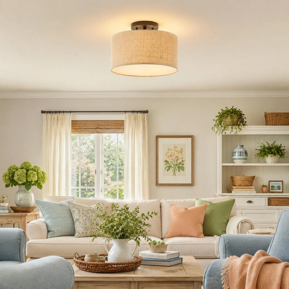 Plafondlamp Scandinavisch met Stoffen Kap en Ronde Trommelform