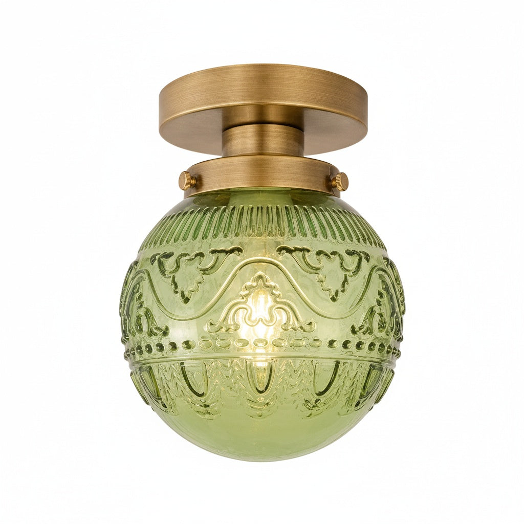 Plafondlamp Vintage met Gegraveerde Glazen Bol en Messing Fitting