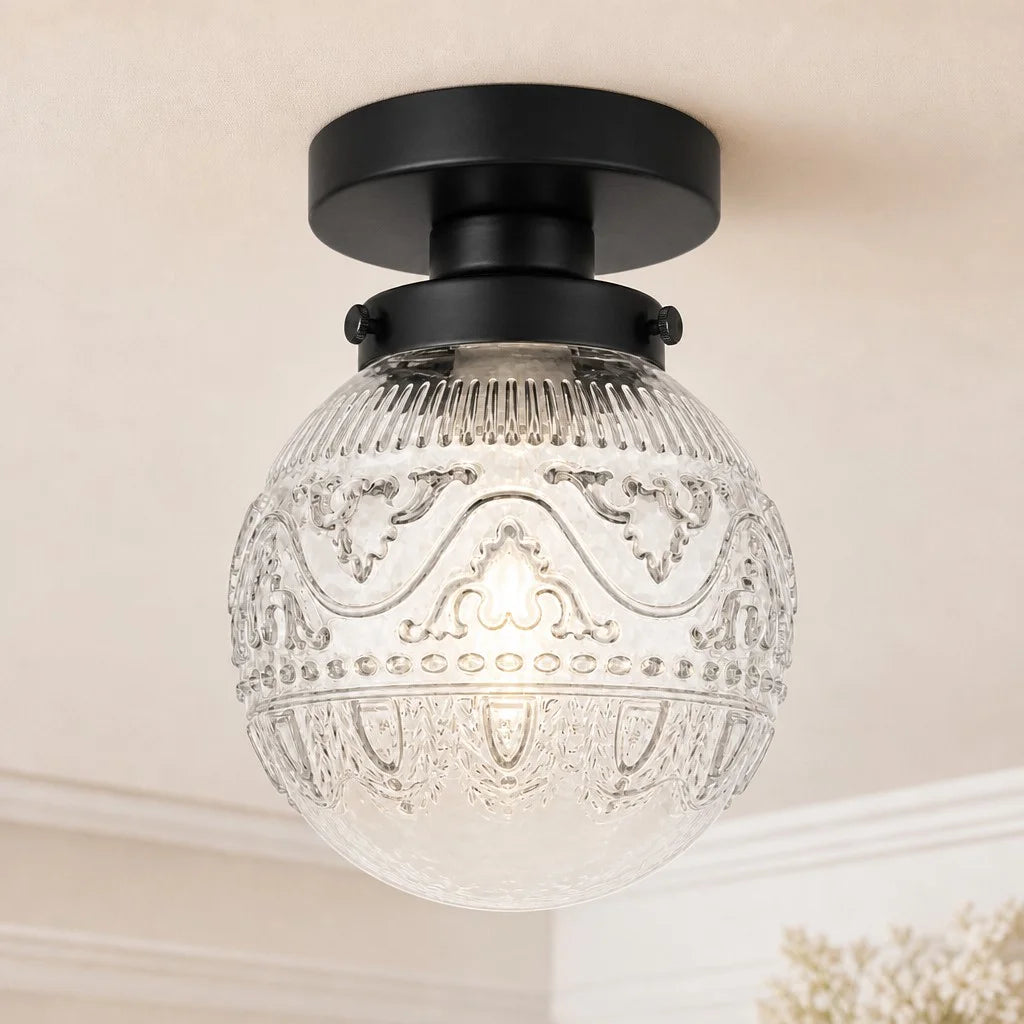 Plafondlamp Vintage met Gegraveerde Glazen Bol en Messing Fitting