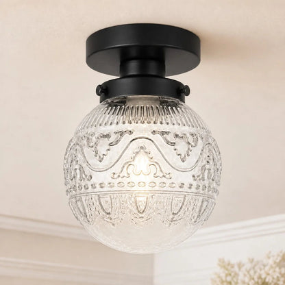 Plafondlamp Vintage met Gegraveerde Glazen Bol en Messing Fitting