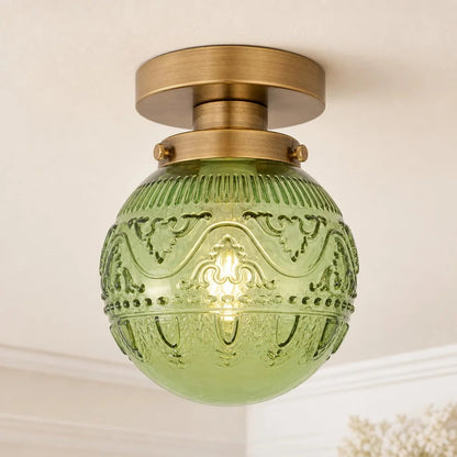 Plafondlamp Vintage met Gegraveerde Glazen Bol en Messing Fitting