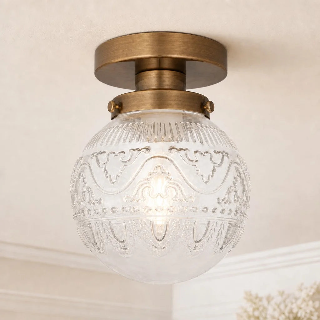 Plafondlamp Vintage met Gegraveerde Glazen Bol en Messing Fitting