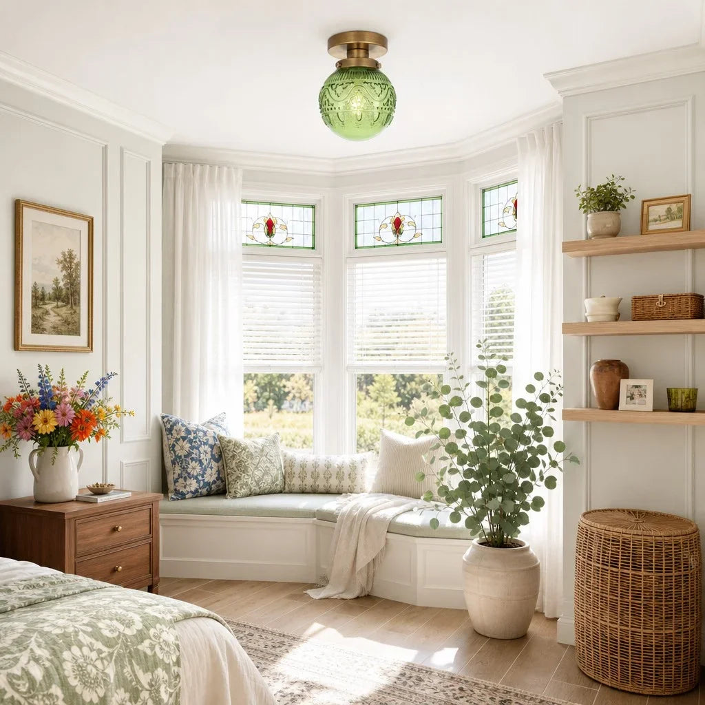 Plafondlamp Vintage met Gegraveerde Glazen Bol en Messing Fitting