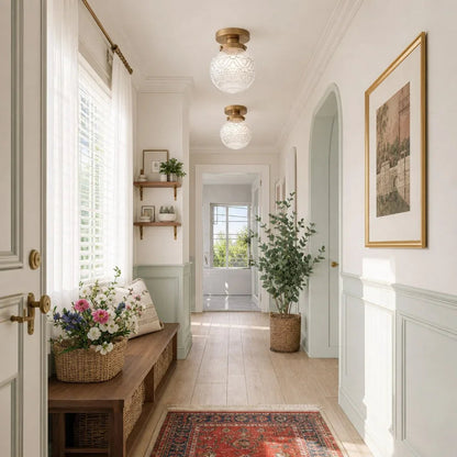Plafondlamp Vintage met Gegraveerde Glazen Bol en Messing Fitting