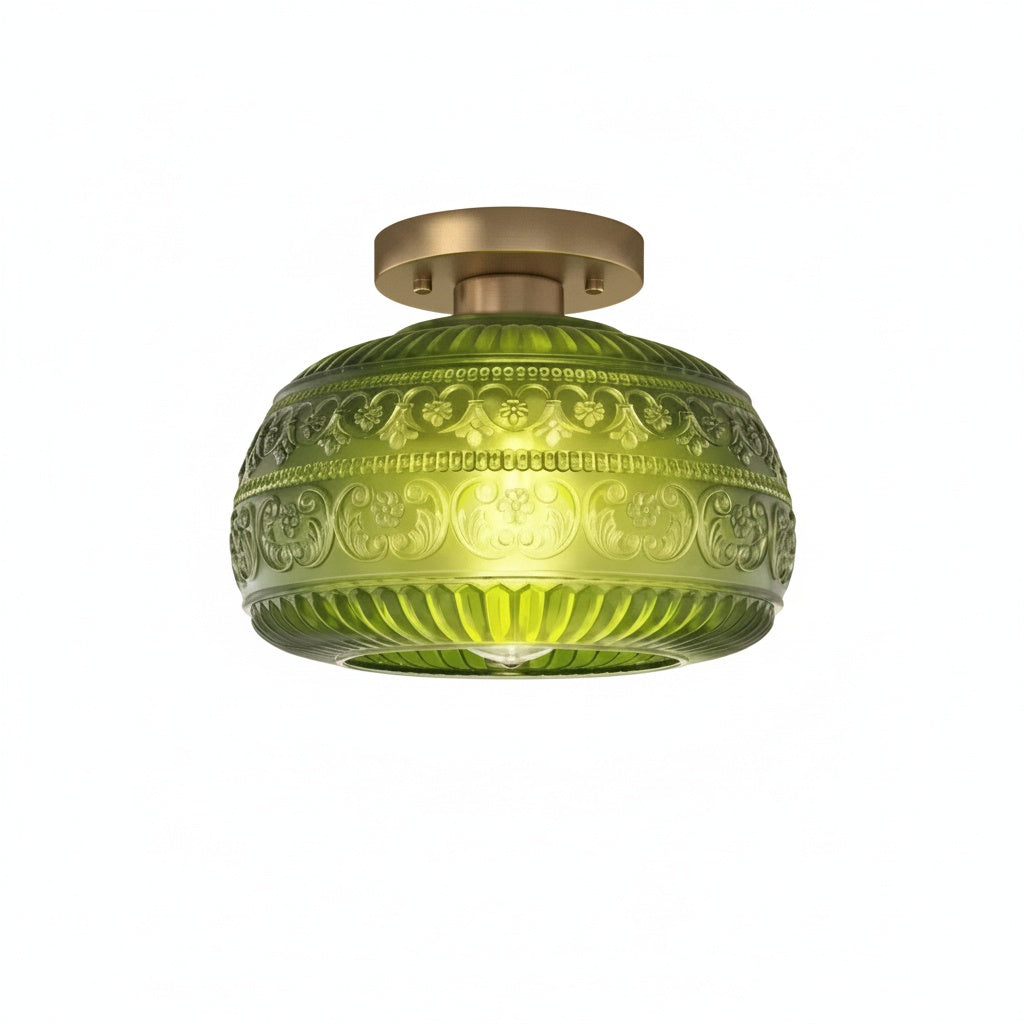 Plafondlamp Vintage met Gegraveerde Glazen Kap en Messing Fitting