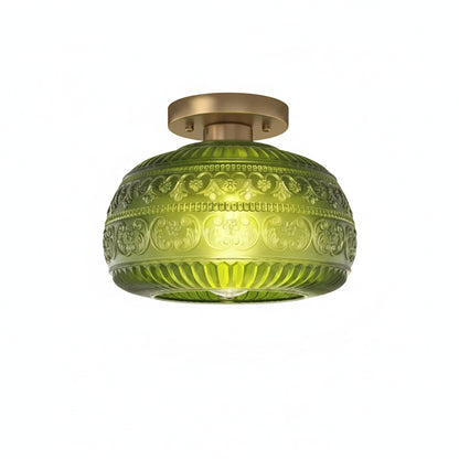 Plafondlamp Vintage met Gegraveerde Glazen Kap en Messing Fitting