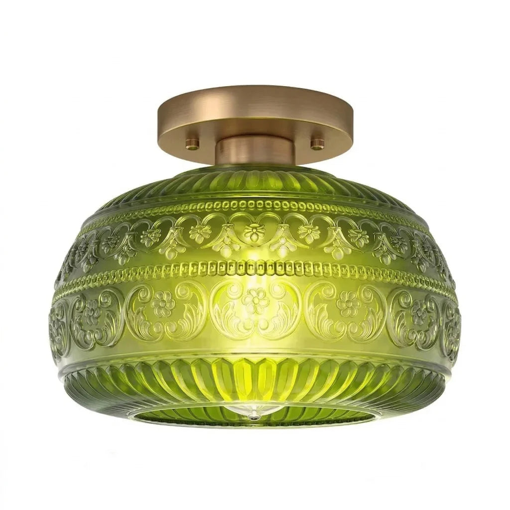 Plafondlamp Vintage met Gegraveerde Glazen Kap en Messing Fitting