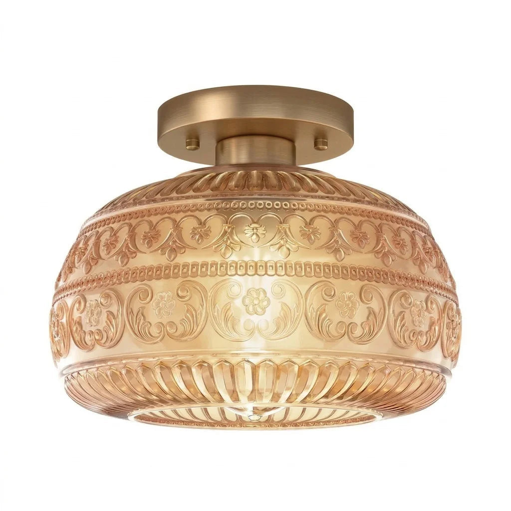 Plafondlamp Vintage met Gegraveerde Glazen Kap en Messing Fitting