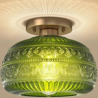 Plafondlamp Vintage met Gegraveerde Glazen Kap en Messing Fitting