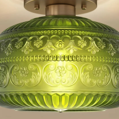 Plafondlamp Vintage met Gegraveerde Glazen Kap en Messing Fitting