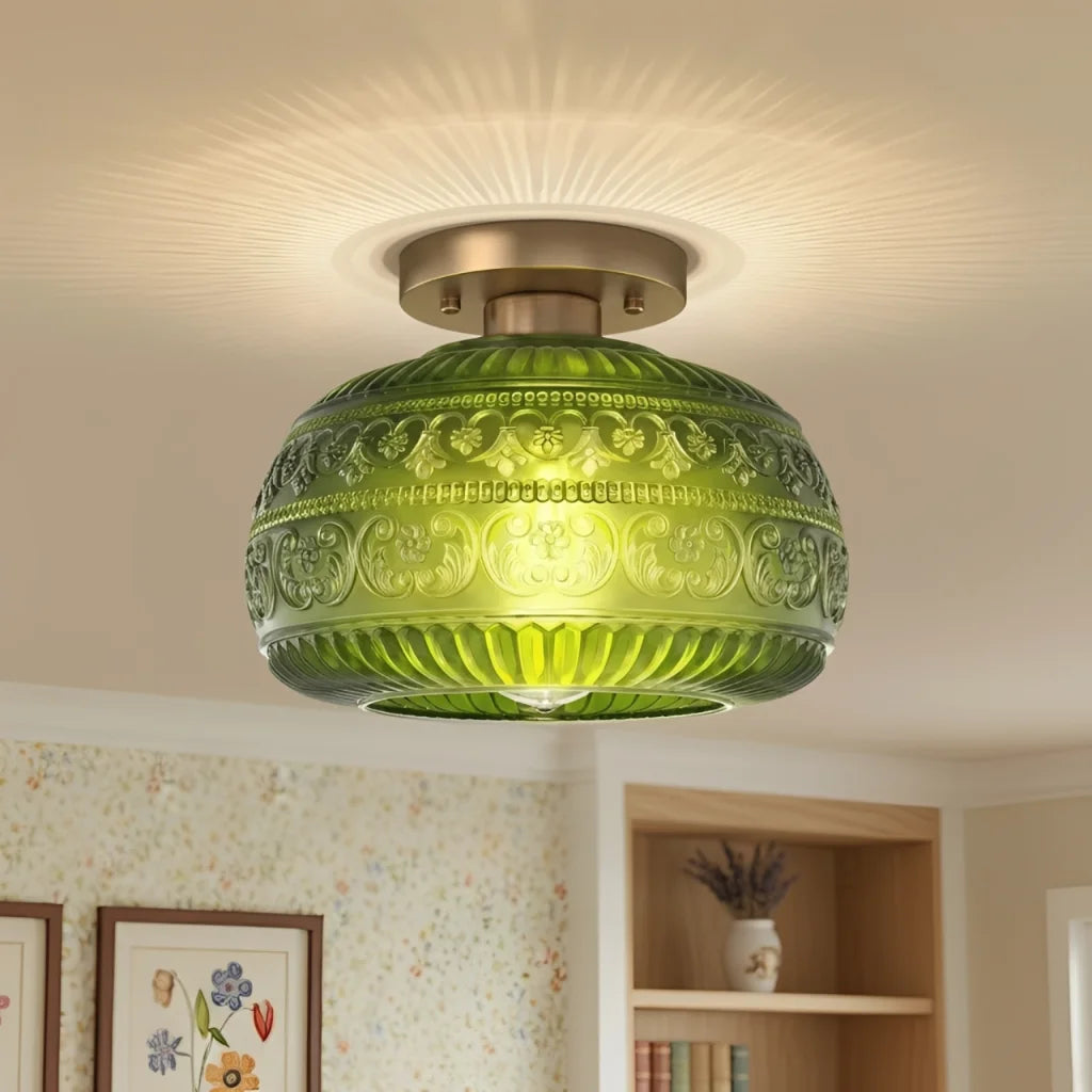 Plafondlamp Vintage met Gegraveerde Glazen Kap en Messing Fitting