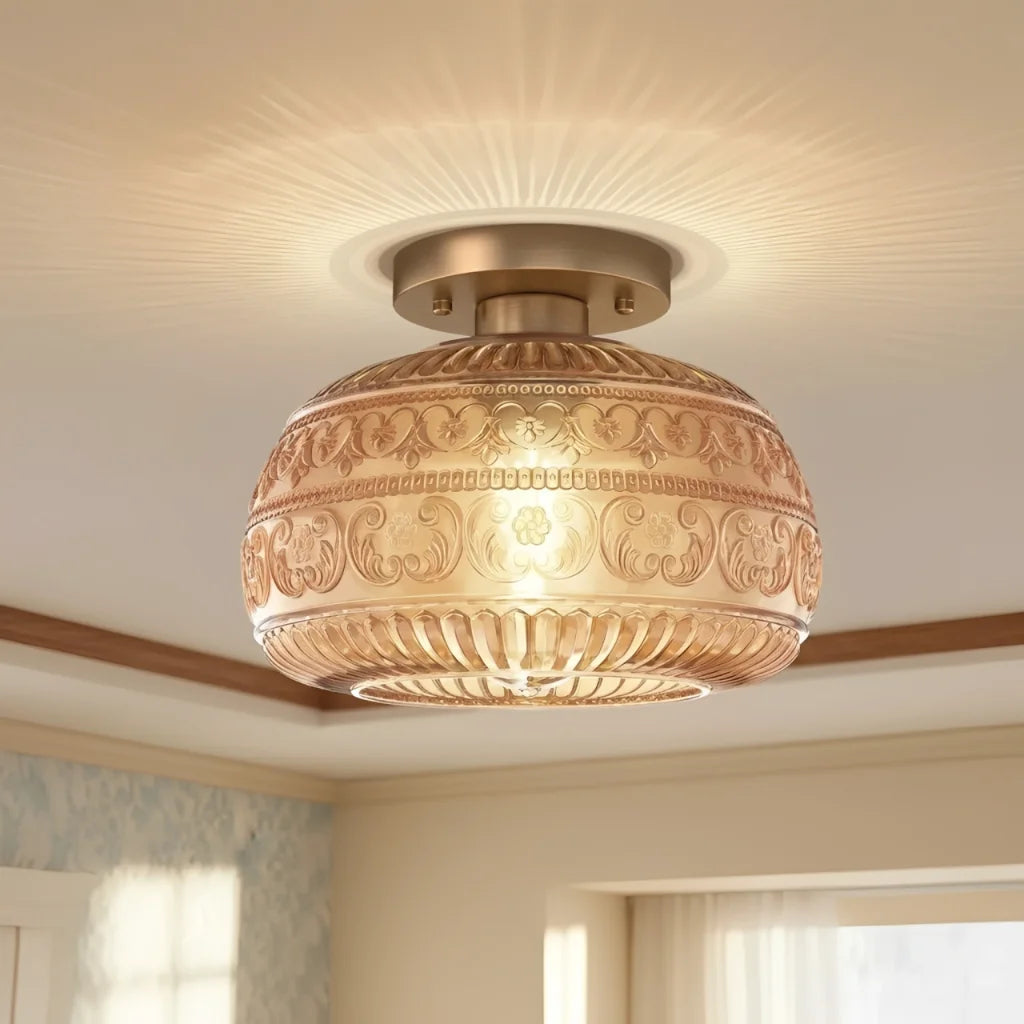 Plafondlamp Vintage met Gegraveerde Glazen Kap en Messing Fitting