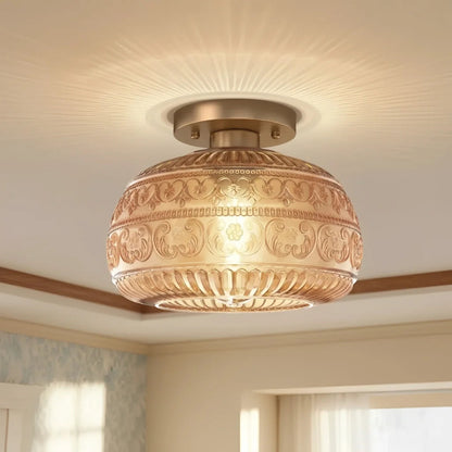 Plafondlamp Vintage met Gegraveerde Glazen Kap en Messing Fitting