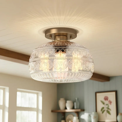 Plafondlamp Vintage met Gegraveerde Glazen Kap en Messing Fitting