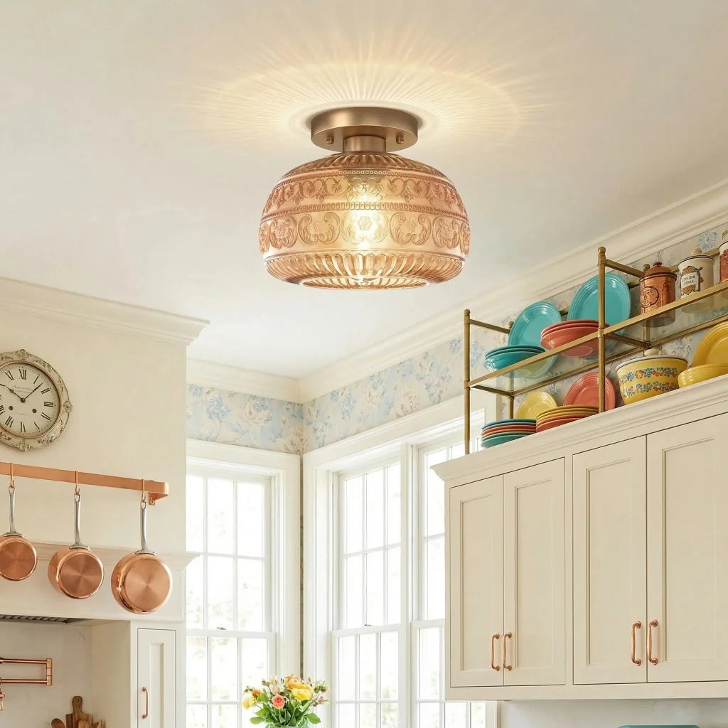 Plafondlamp Vintage met Gegraveerde Glazen Kap en Messing Fitting