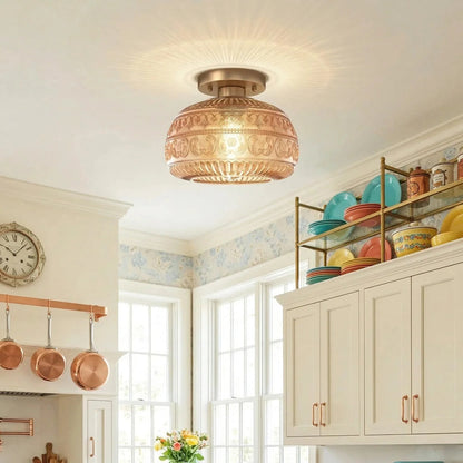Plafondlamp Vintage met Gegraveerde Glazen Kap en Messing Fitting