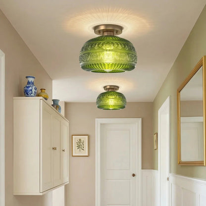 Plafondlamp Vintage met Gegraveerde Glazen Kap en Messing Fitting