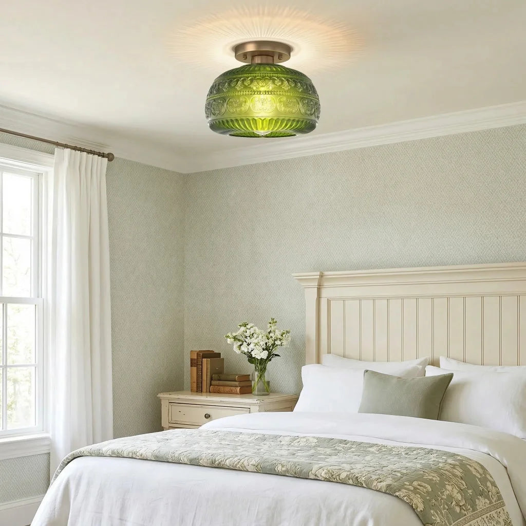 Plafondlamp Vintage met Gegraveerde Glazen Kap en Messing Fitting
