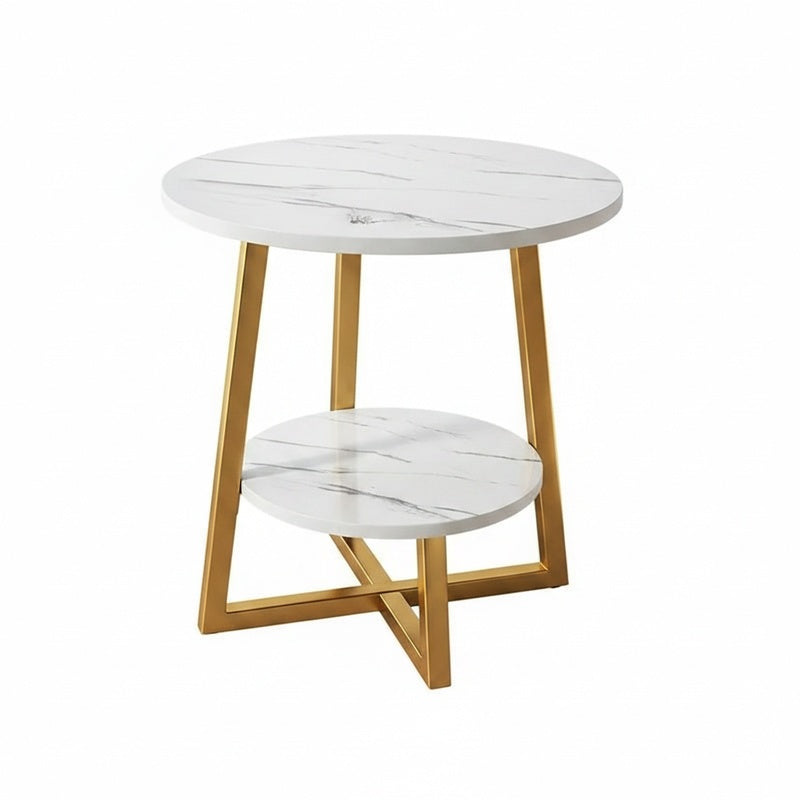 Ronde Bijzettafel Tweelaags met Marmerlook Blad en Metalen Poten