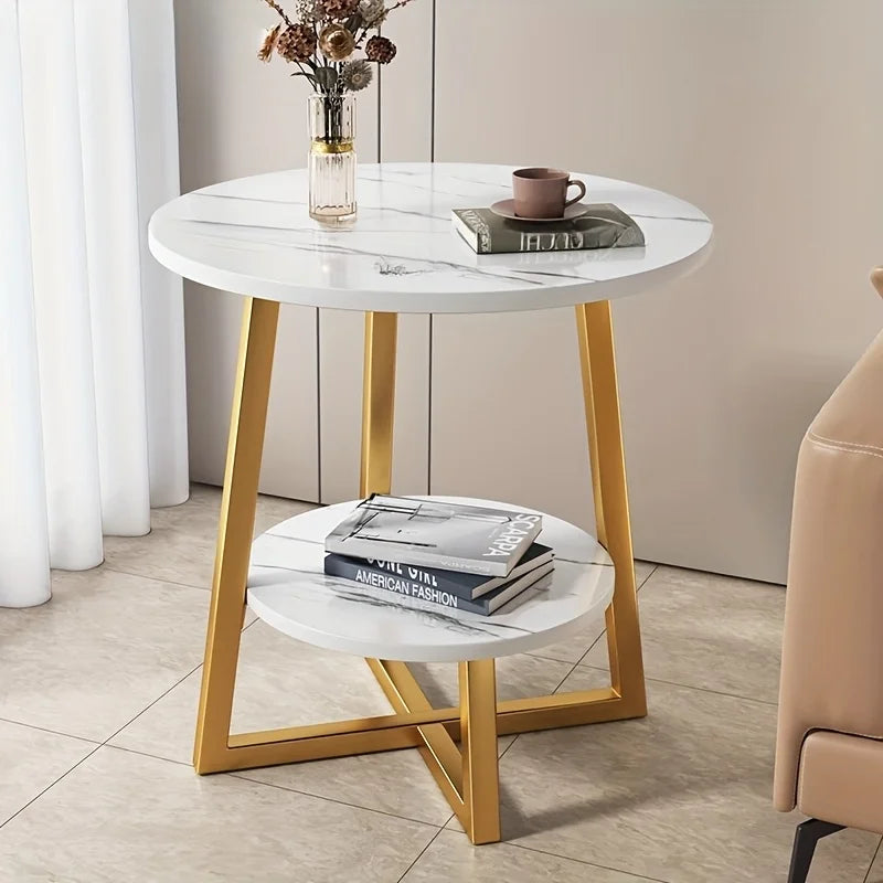 Ronde Bijzettafel Tweelaags met Marmerlook Blad en Metalen Poten