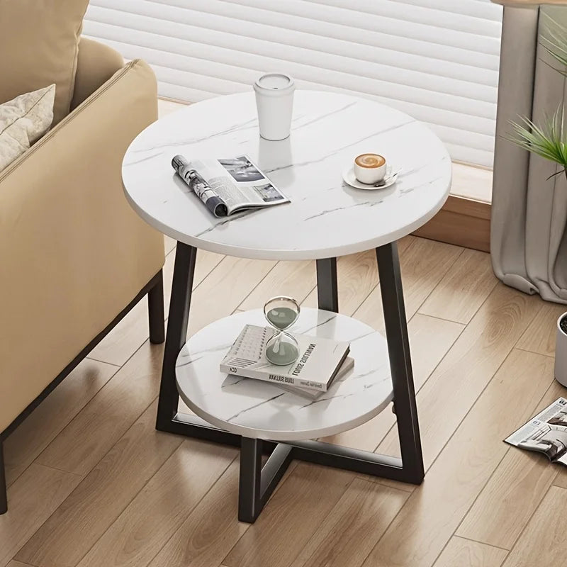 Ronde Bijzettafel Tweelaags met Marmerlook Blad en Metalen Poten