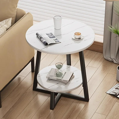 Ronde Bijzettafel Tweelaags met Marmerlook Blad en Metalen Poten