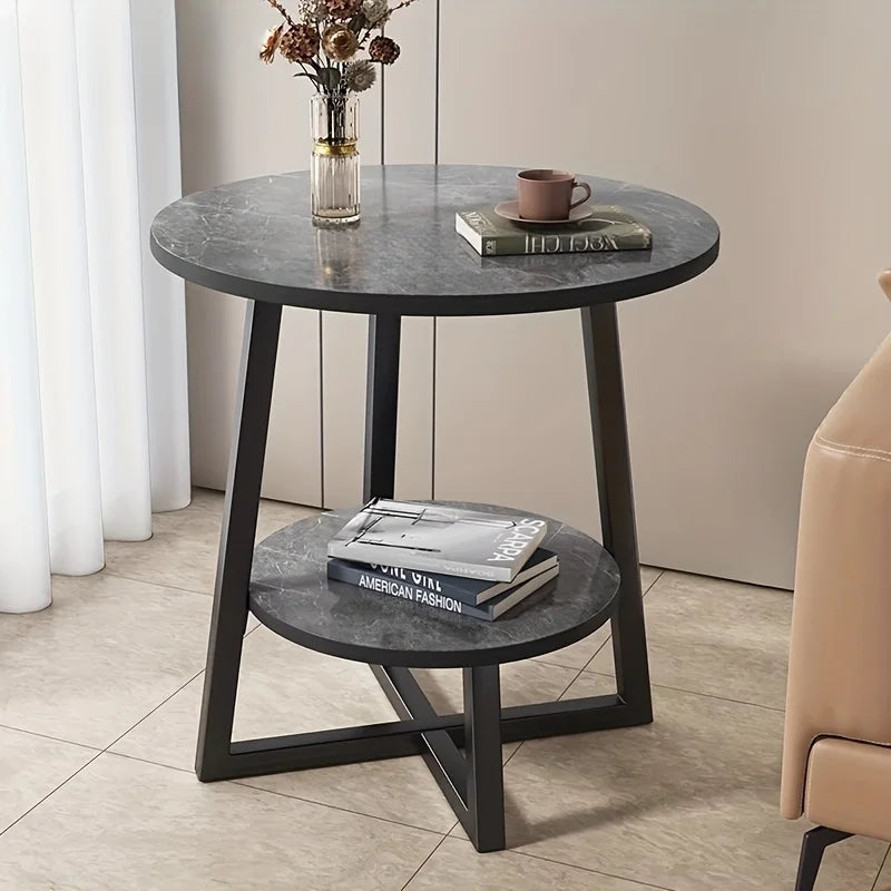 Ronde Bijzettafel Tweelaags met Marmerlook Blad en Metalen Poten