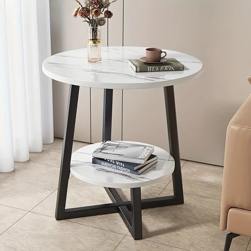 Ronde Bijzettafel Tweelaags met Marmerlook Blad en Metalen Poten
