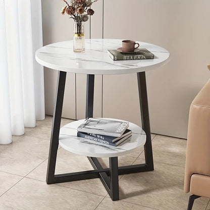 Ronde Bijzettafel Tweelaags met Marmerlook Blad en Metalen Poten