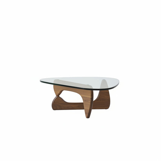 Salontafel met Glazen Blad en Sculpturaal Houten Onderstel Retro