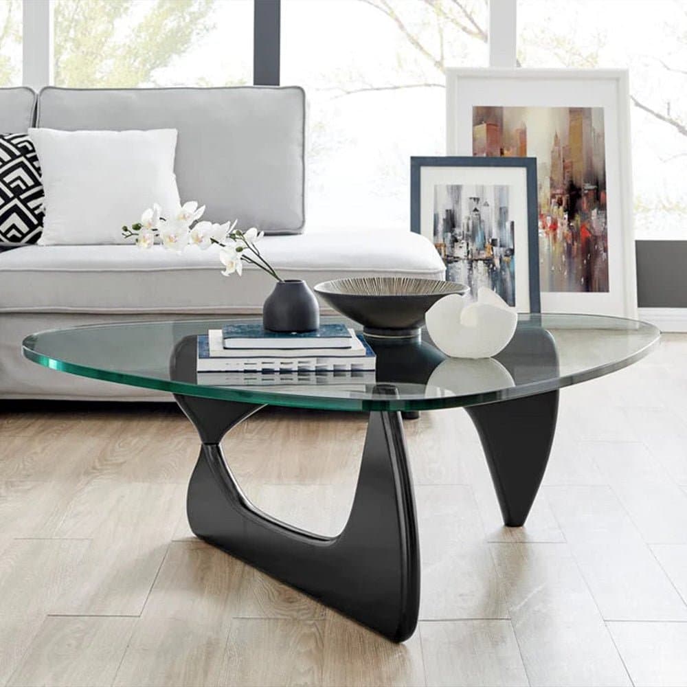 Salontafel met Glazen Blad en Sculpturaal Houten Onderstel Retro