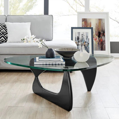 Salontafel met Glazen Blad en Sculpturaal Houten Onderstel Retro