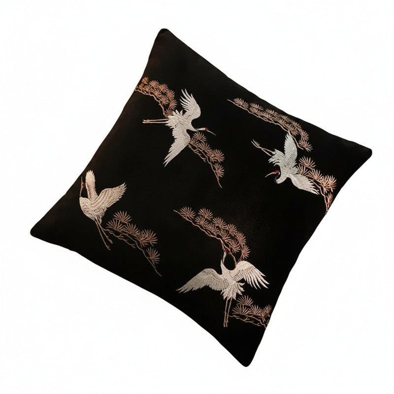 Sierkussenhoes met Geborduurde Kraanvogels en Dennen Japanse Stijl