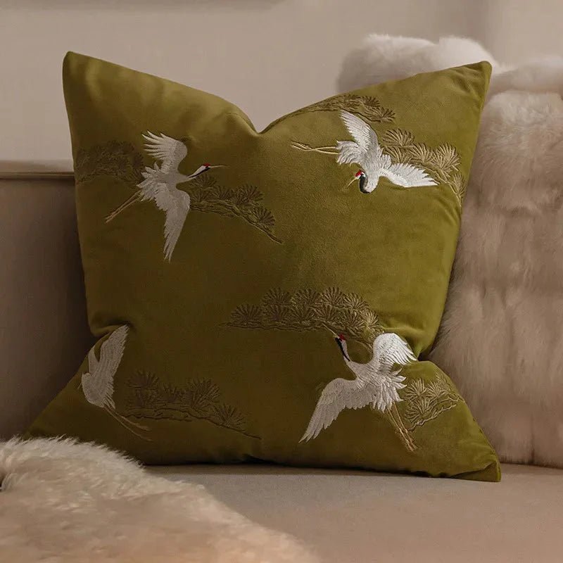 Sierkussenhoes met Geborduurde Kraanvogels en Dennen Japanse Stijl