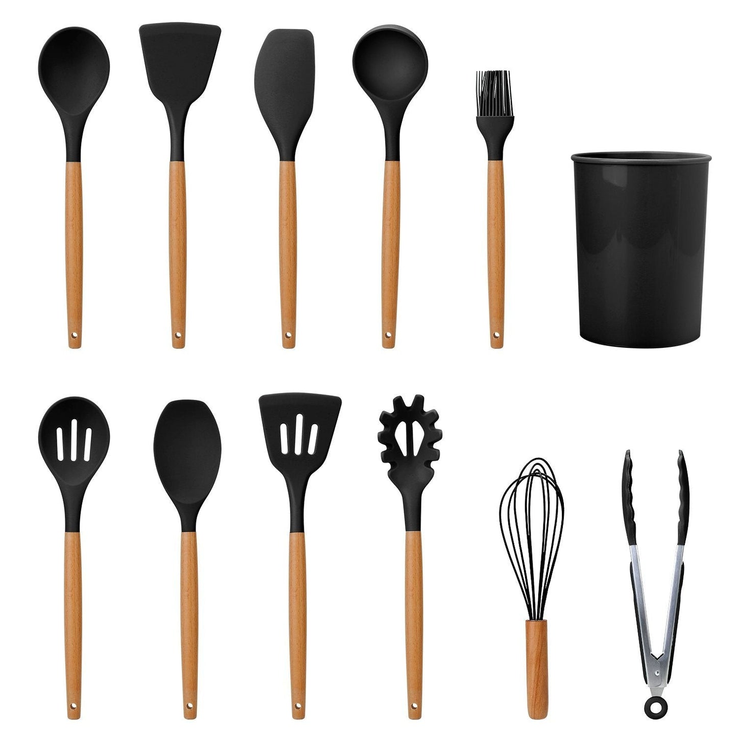 Siliconen Keukengereiset 11-Delig met Houten Handgrepen en Opberghouder