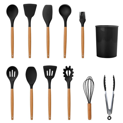 Siliconen Keukengereiset 11-Delig met Houten Handgrepen en Opberghouder