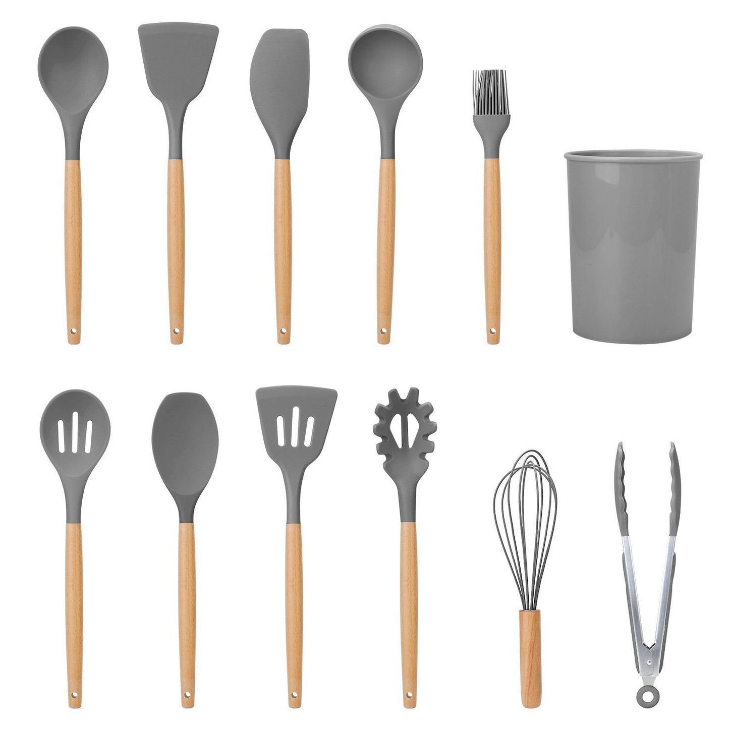Siliconen Keukengereiset 11-Delig met Houten Handgrepen en Opberghouder