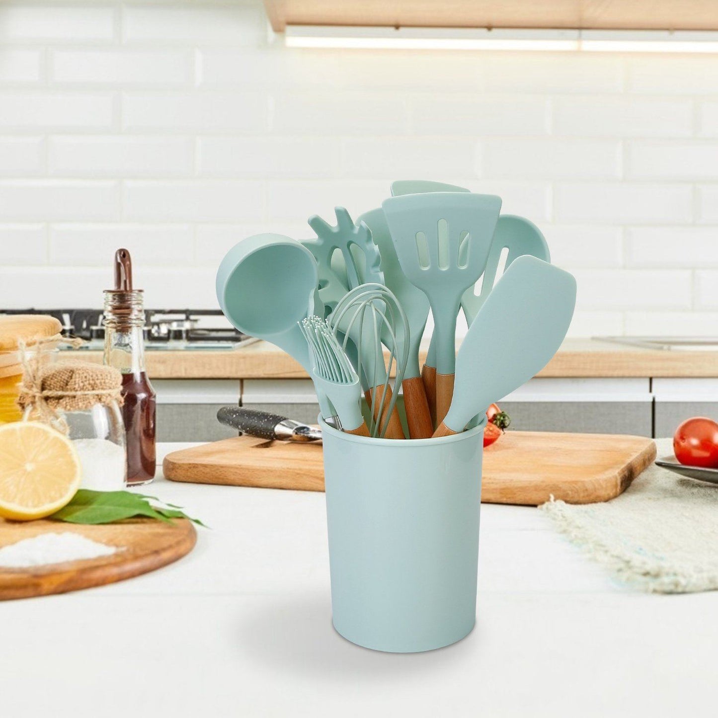 Siliconen Keukengereiset 11-Delig met Houten Handgrepen en Opberghouder