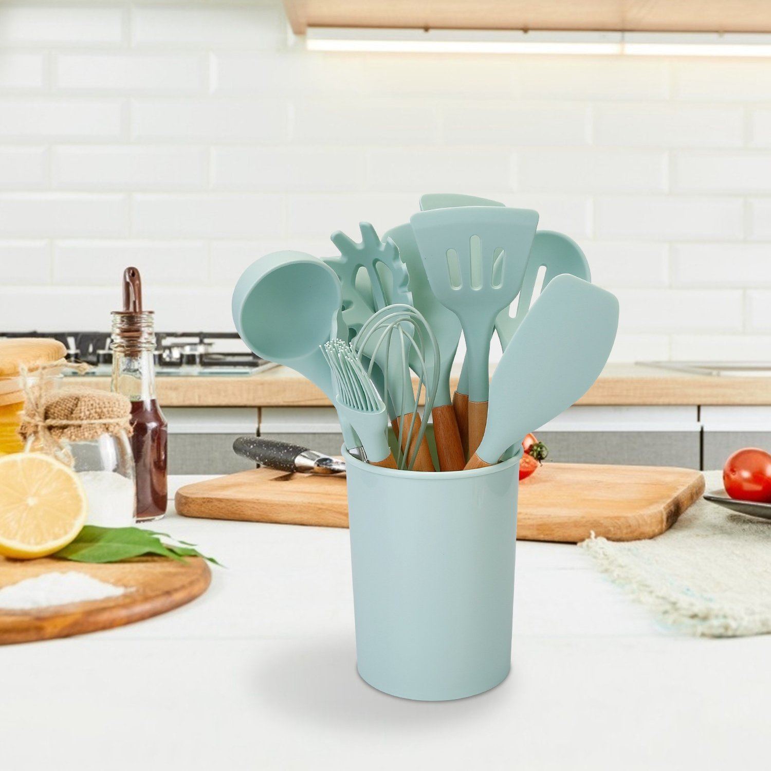 Siliconen Keukengereiset 11-Delig met Houten Handgrepen en Opberghouder