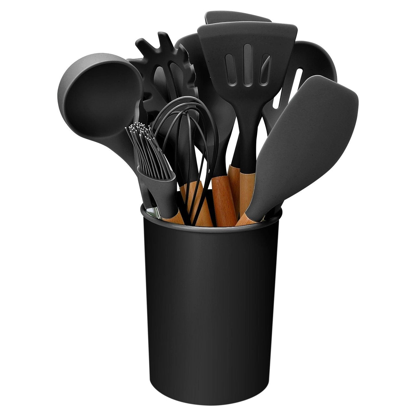 Siliconen Keukengereiset 11-Delig met Houten Handgrepen en Opberghouder