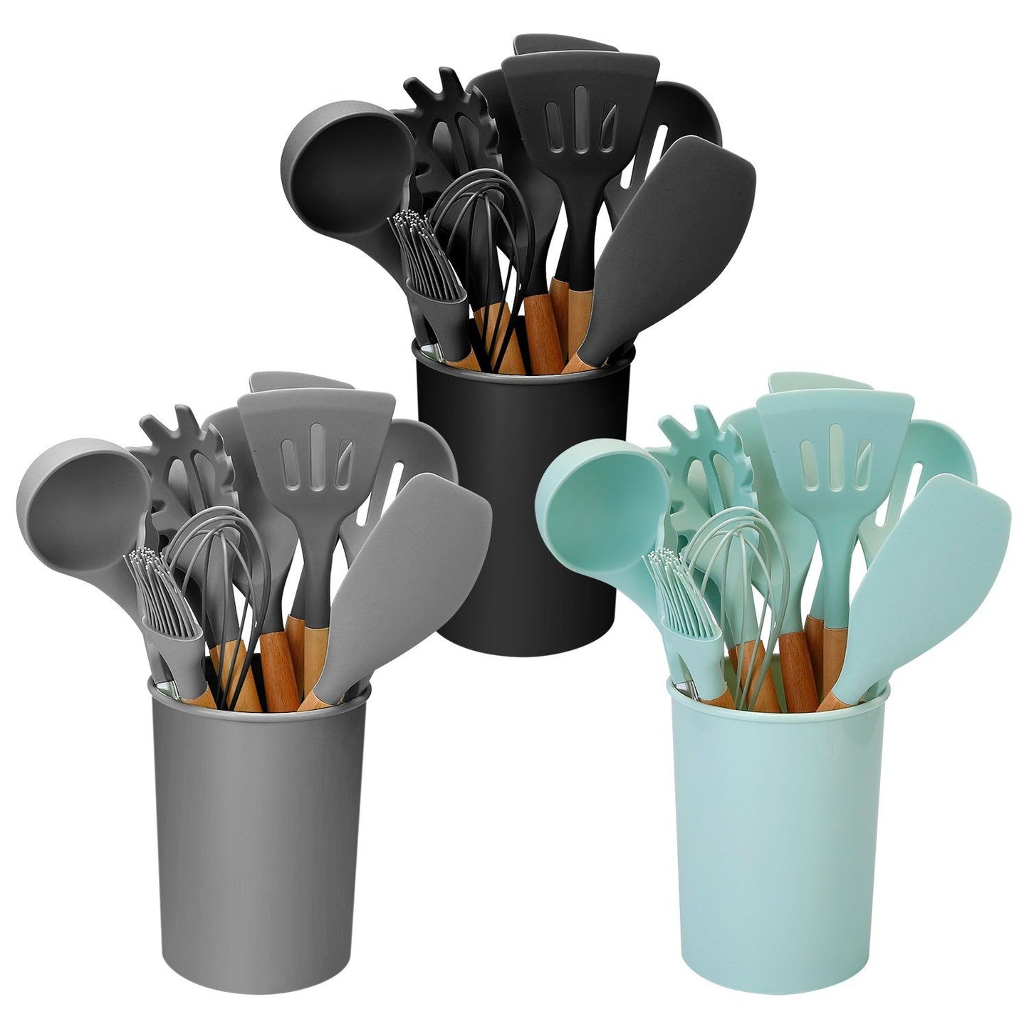 Siliconen Keukengereiset 11-Delig met Houten Handgrepen en Opberghouder