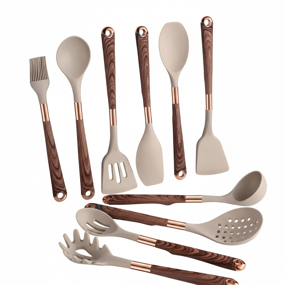 Siliconen Keukenset 10-delig met Houten Look Handgrepen en Roségouden Details
