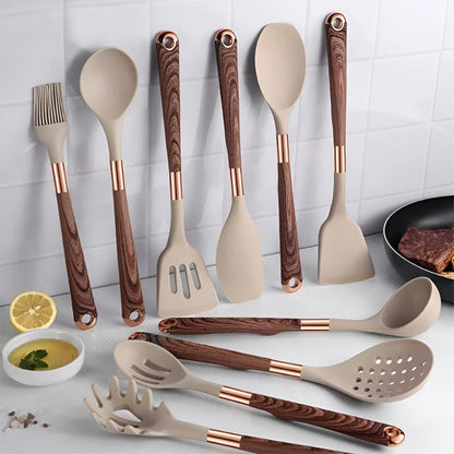 Siliconen Keukenset 10-delig met Houten Look Handgrepen en Roségouden Details